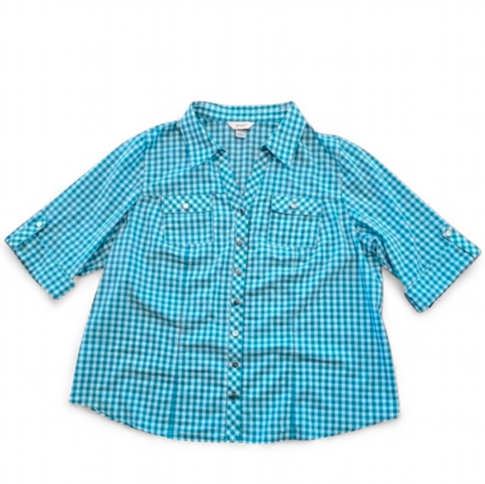 CJ Banks 3/4 Sleeve Gingham Blouse Top Size‎ 1X